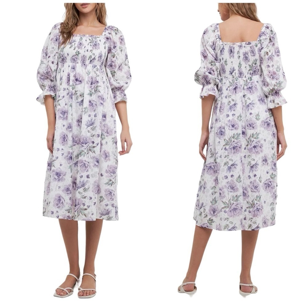 Free The Roses Floral Smocked Top Poplin Puff Sleeve Fit & Flare Summer Dress